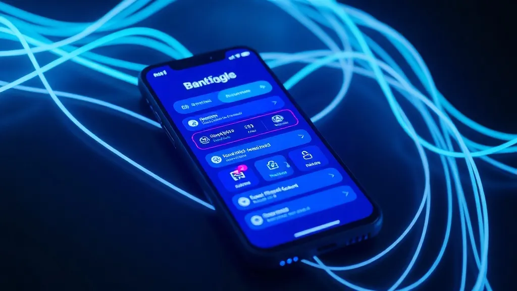 A high-tech digital banking interface on a smartphone screen